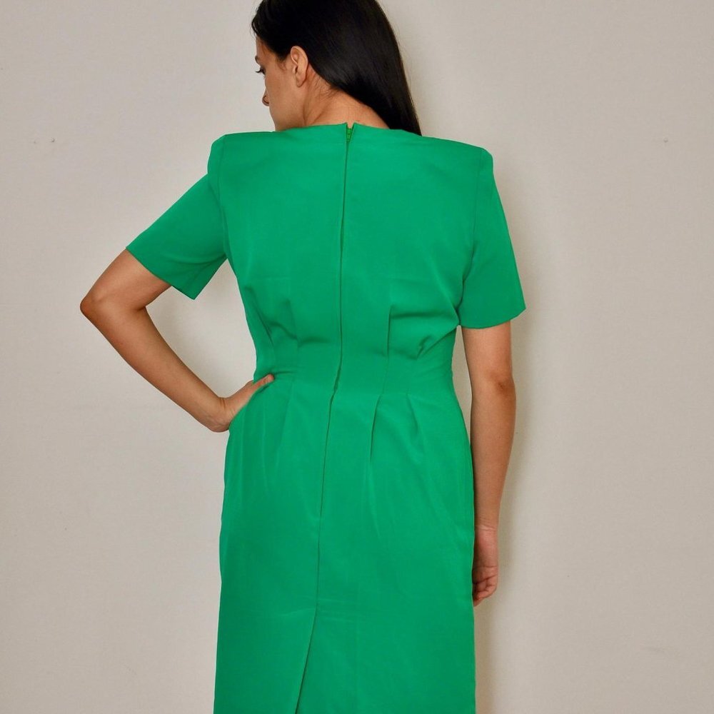 Vintage 1980s Green Military Style Bodycon Dress with Gold Buttons, Size 8 - Picture 5 of 10